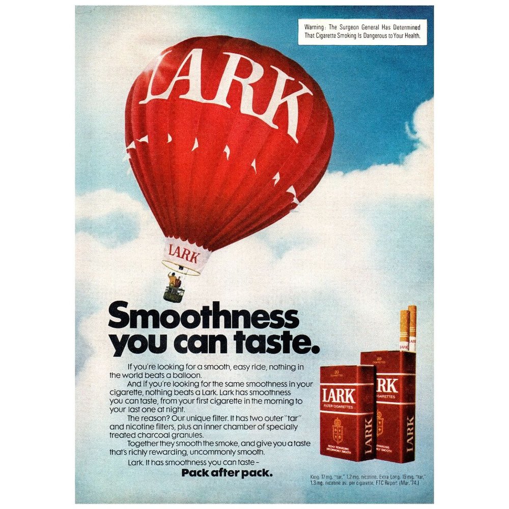 1975 Lark Cigarettes Smoothness You Can Taste Vintage Print Ad Hot Air Balloon
